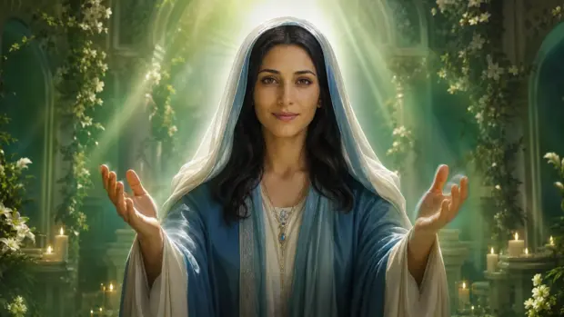 Maestra Ascendida Madre María con velo azul y aura sanadora verde