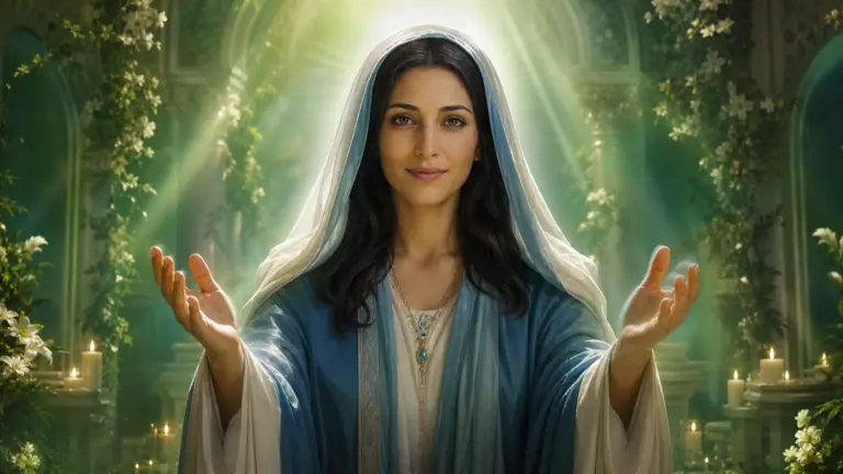 Maestra Ascendida Madre María con velo azul y aura verde
