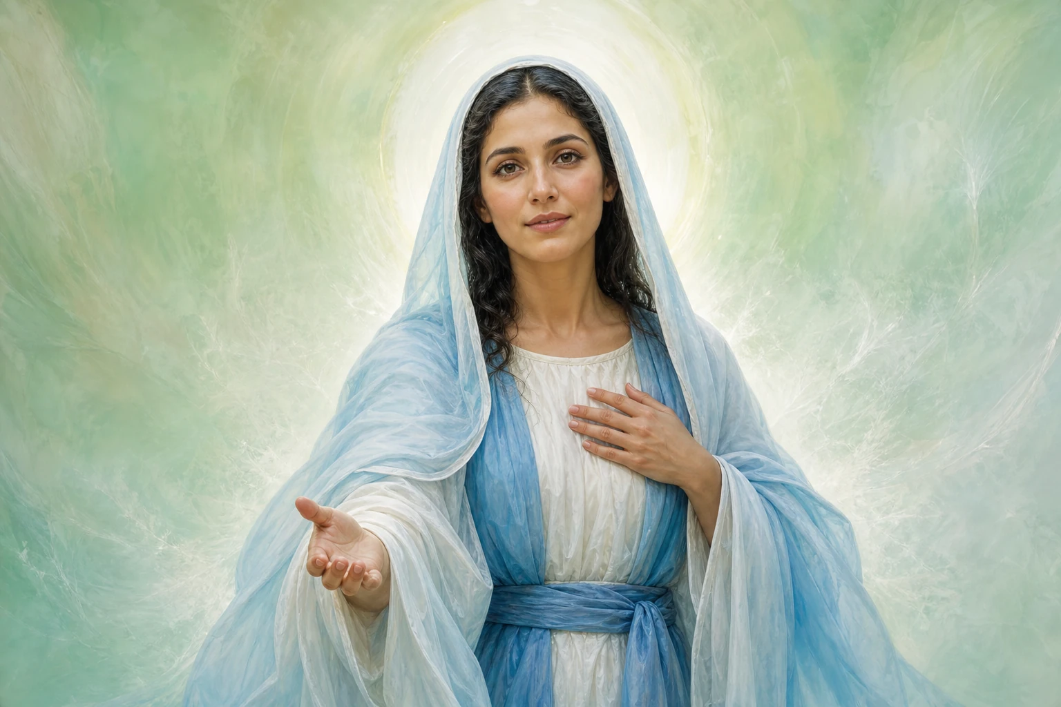 Maestra Ascendida Madre María con luz verde sanadora y presencia serena