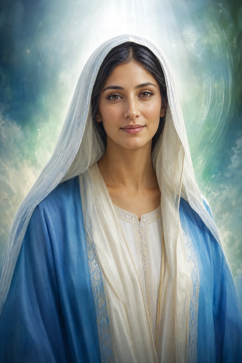 Retrato espiritual de Madre María con aura verde y velo azul blanco