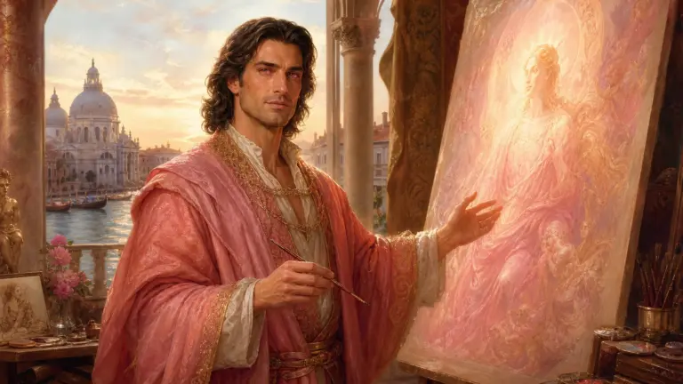 Maestro Pablo el Veneciano del Tercer Rayo Rosa pintando arte sagrado en atelier veneciano renacentista luminoso