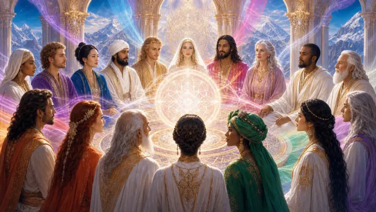 Maestros y Maestras Ascendidos reunidos ante un mandala luminoso
