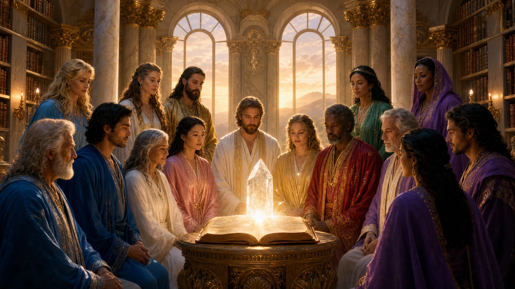 Consejo diverso de Maestros y Maestras reunido ante un cristal luminoso