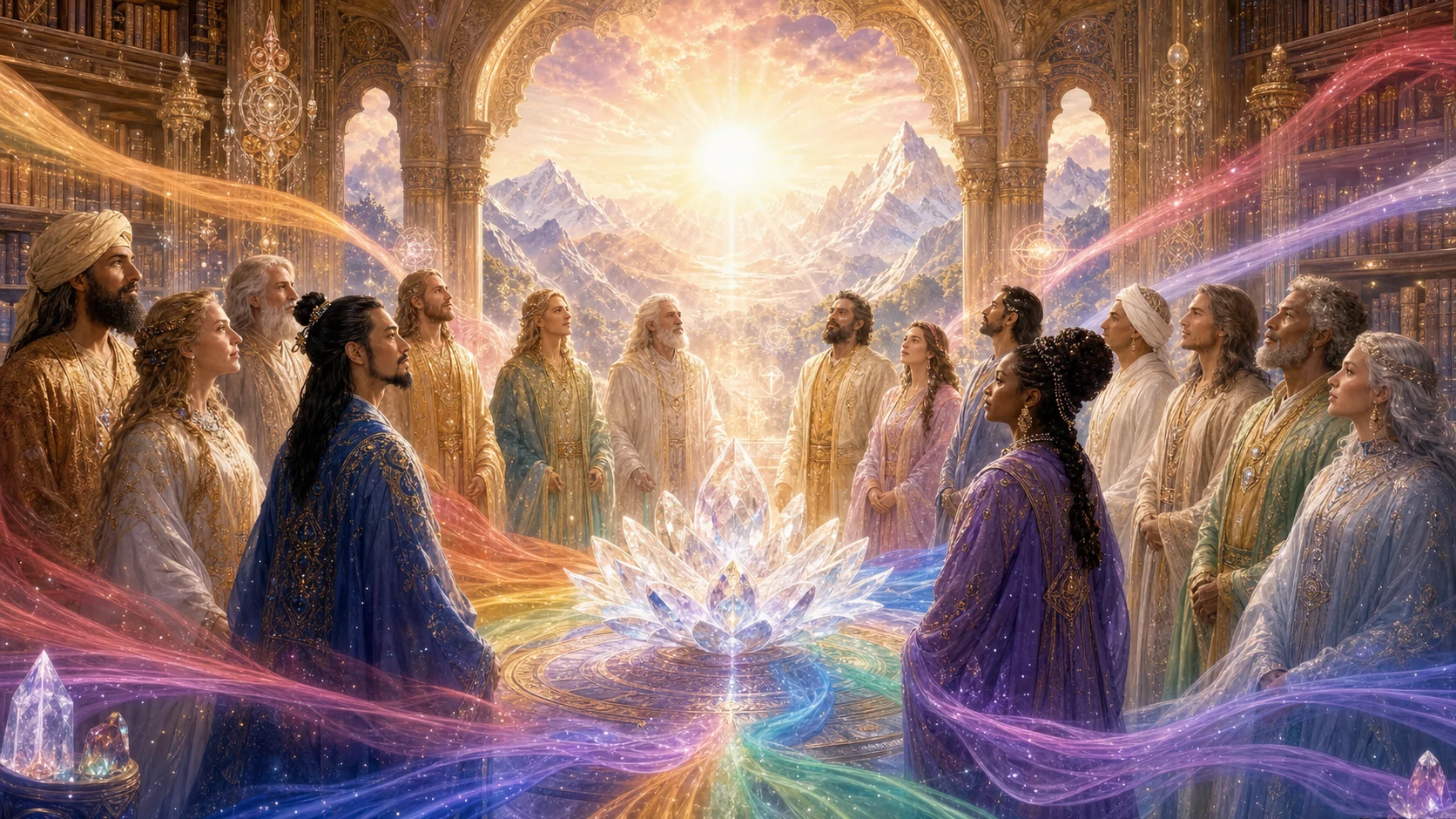 Asamblea de Maestros y Maestras ante un loto de cristal luminoso