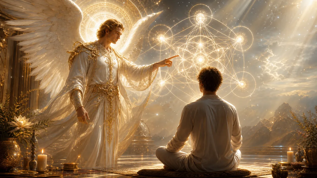 Arcángel Metatrón guiando meditación con geometría sagrada