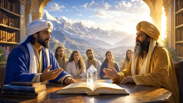 El Morya y Kuthumi enseñan con sabiduría en una biblioteca de montaña luminosa
