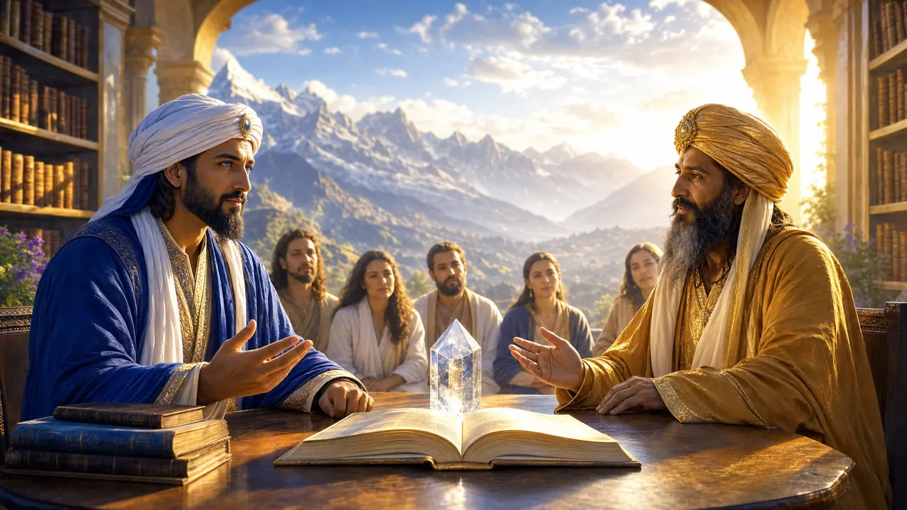 El Morya y Kuthumi enseñan con sabiduría en una biblioteca de montaña luminosa