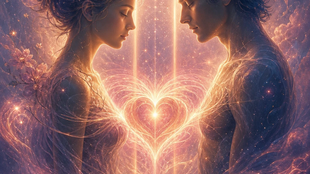 Dos figuras unidas por una energía luminosa que simboliza amor consciente, empatía profunda y armonía del número 11.