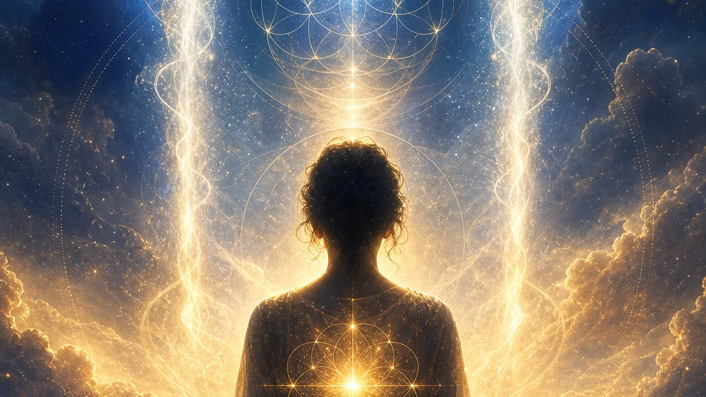 Persona contemplativa rodeada de luz sutil y geometría sagrada para representar la intuición y el despertar del número 11.