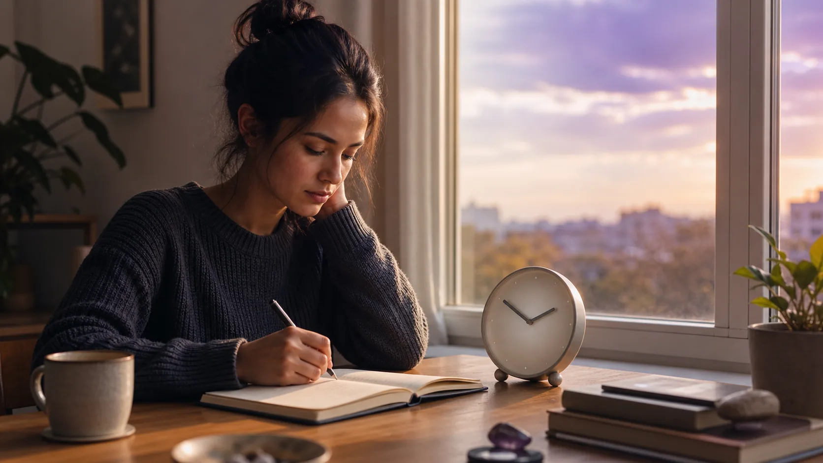 Persona observando el significado del número 222 con serenidad, escritura reflexiva y discernimiento en la vida cotidiana.