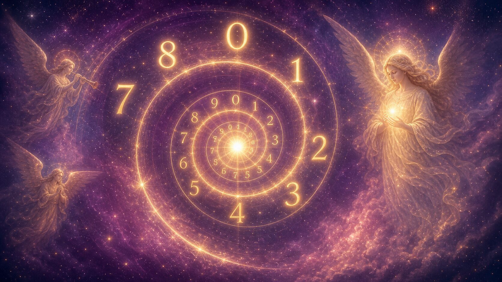Espiral numerológica dorada sobre espacio cósmico violeta
