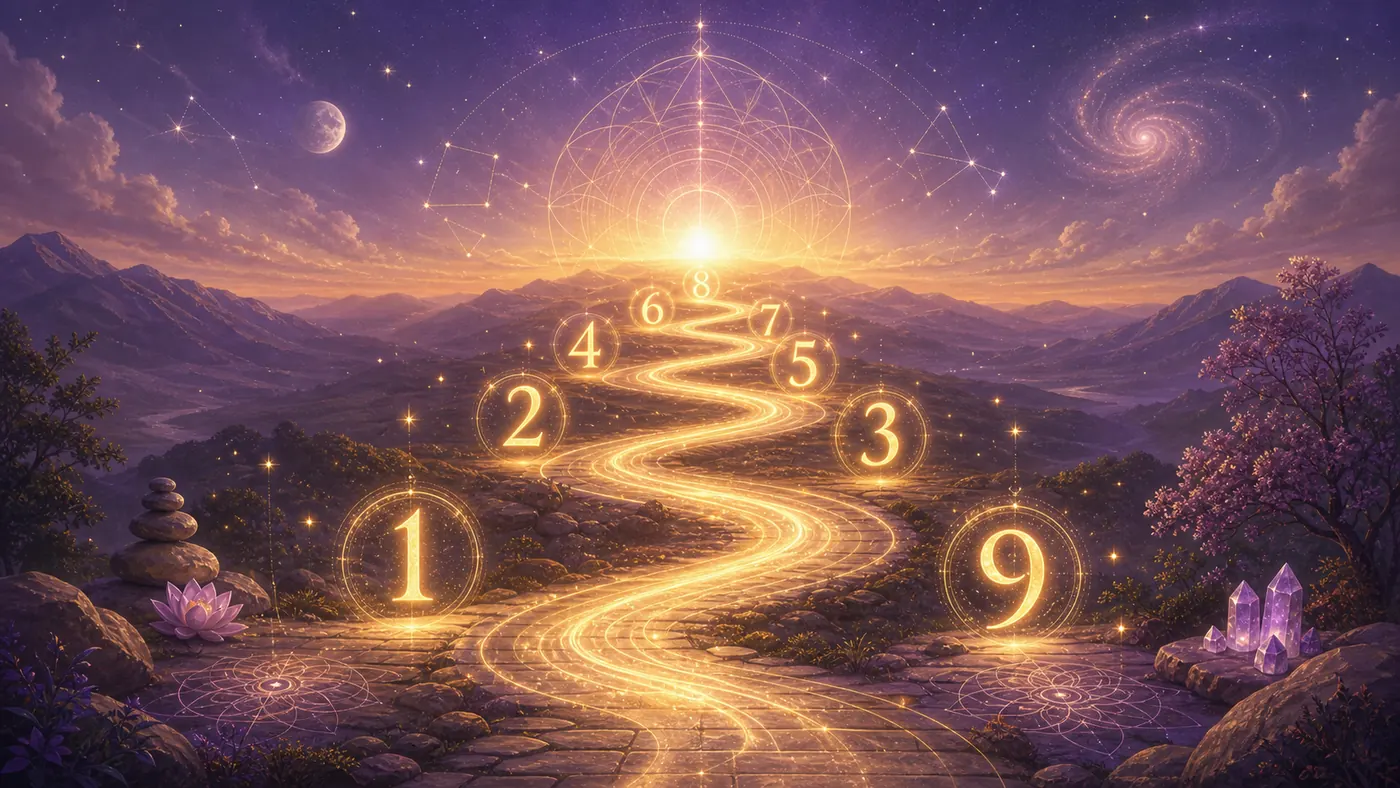 Cuaderno de numerología con cálculos del camino de vida y números luminosos