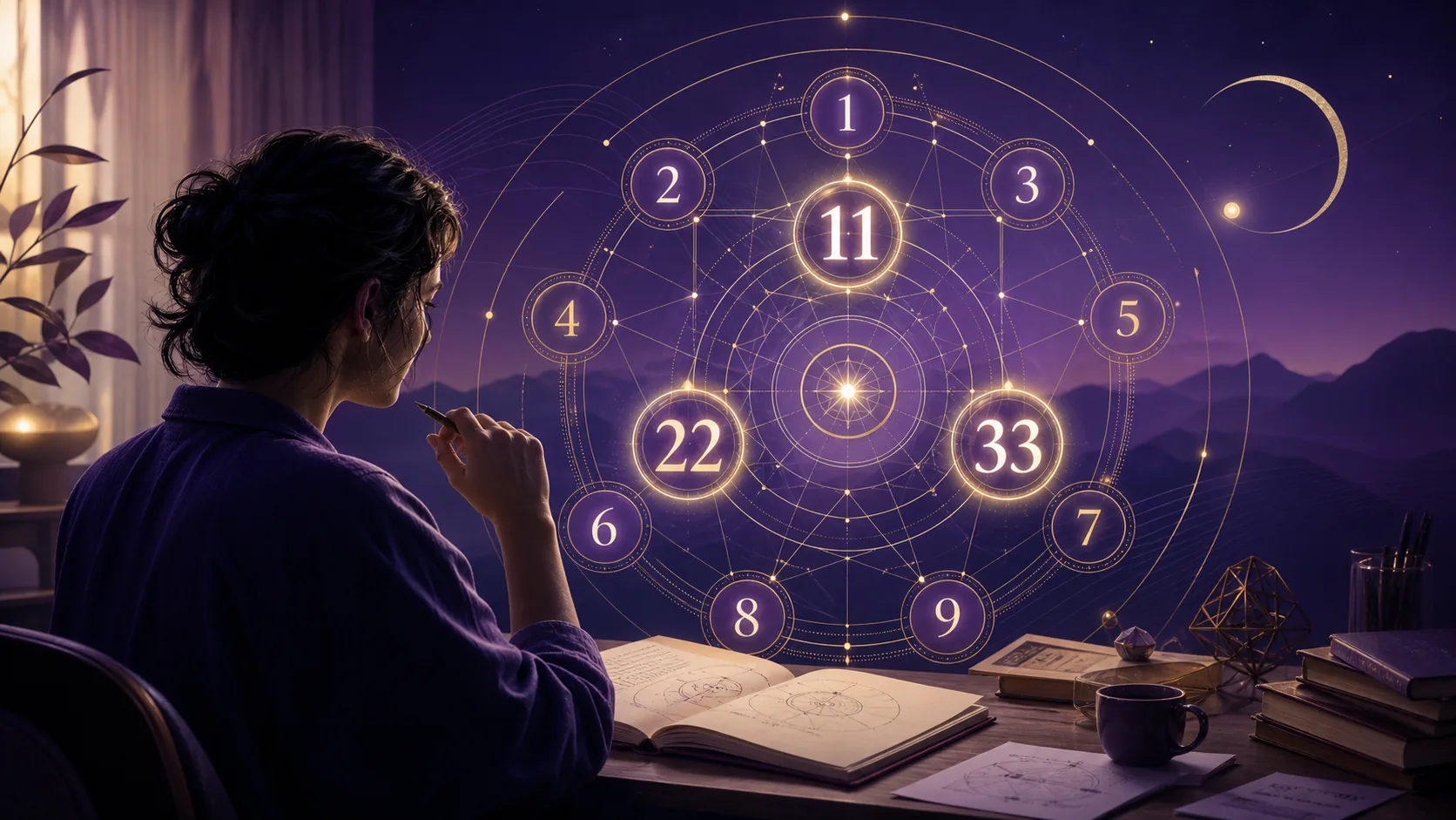 Persona contemplando un mapa numerológico formado por fecha de nacimiento, nombre y números maestros.