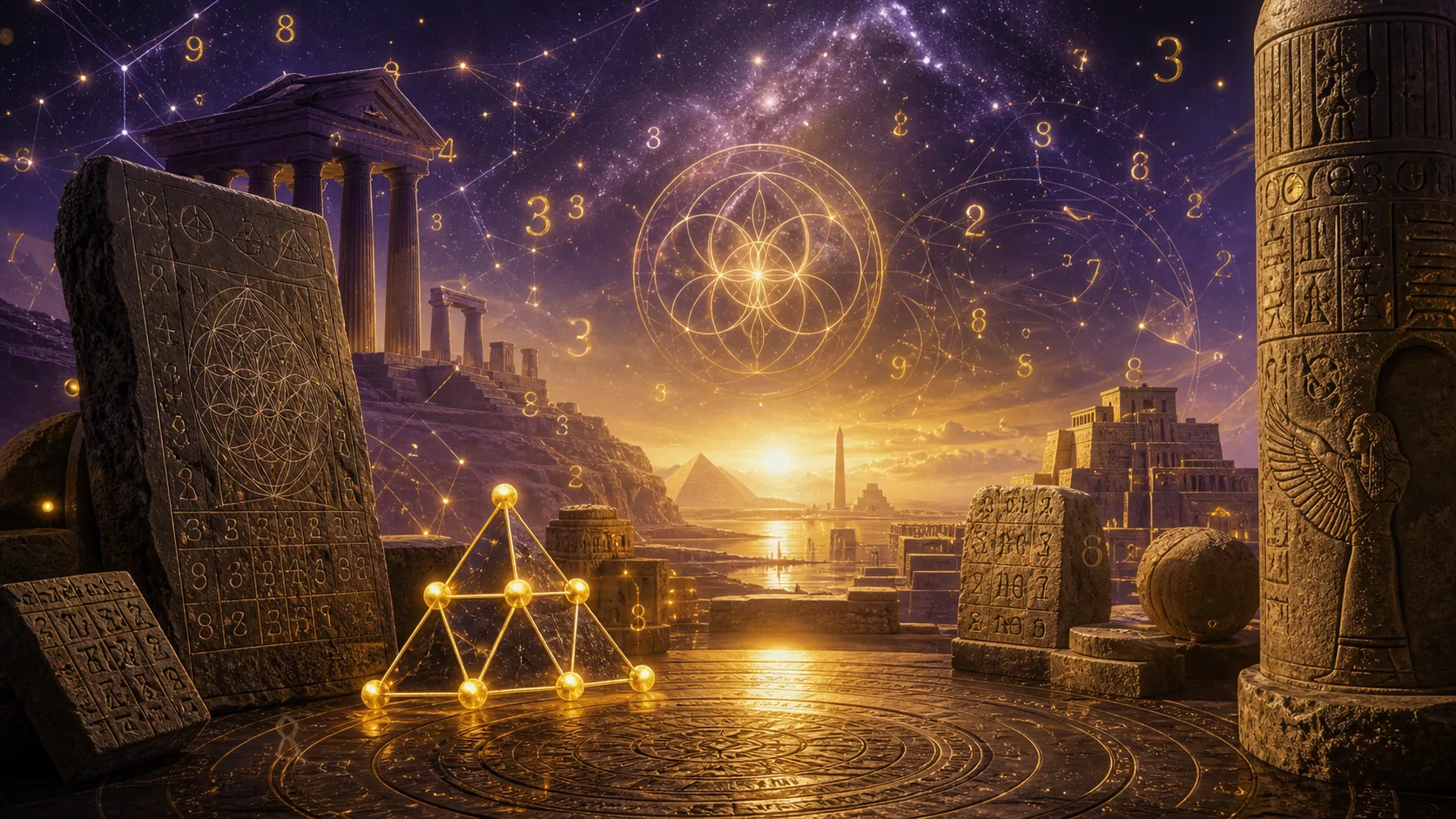 Ilustración espiritual sobre el origen histórico de la numerología con geometría sagrada y símbolos numéricos.
