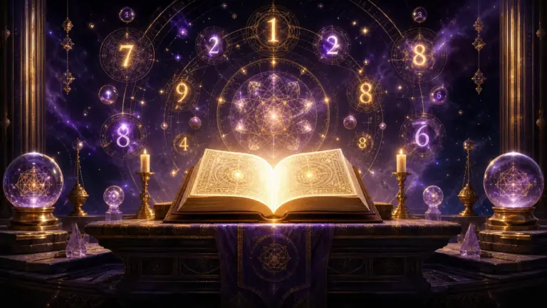 Mapa sagrado de numerología con libro abierto y números luminosos para ilustrar la energía espiritual de 2026