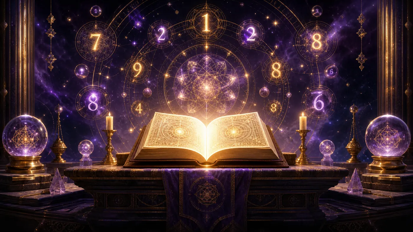 Mapa sagrado de numerología con libro abierto y números luminosos para ilustrar la energía espiritual de 2026