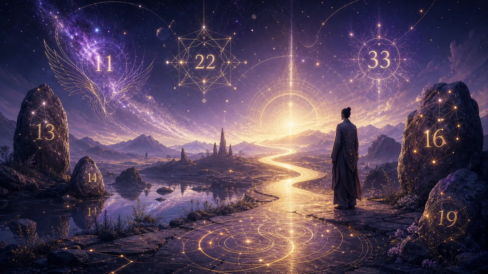 Camino luminoso con números maestros y kármicos como símbolos de aprendizaje espiritual.