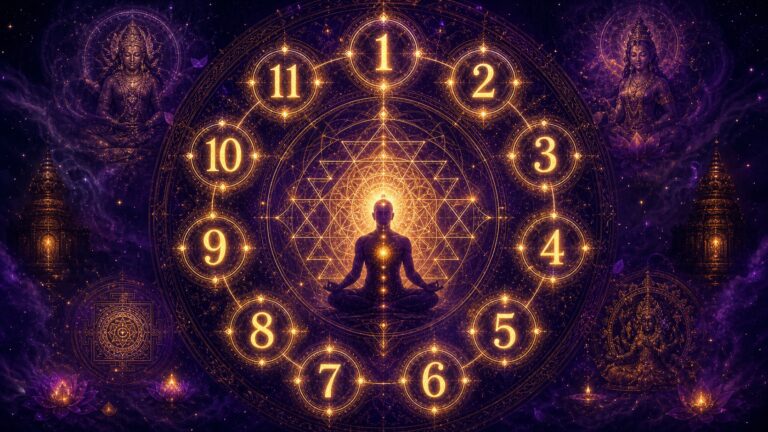 Once números esenciales de la numerología tántrica en forma de mandala dorado