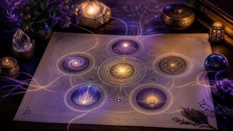 Mapa simbólico de los cinco factores de la numerología tántrica: alma, karma, regalo divino, destino y vida