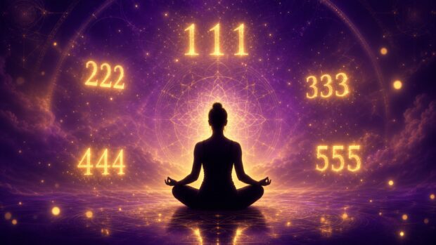 Persona en meditación rodeada de secuencias numéricas angelicales