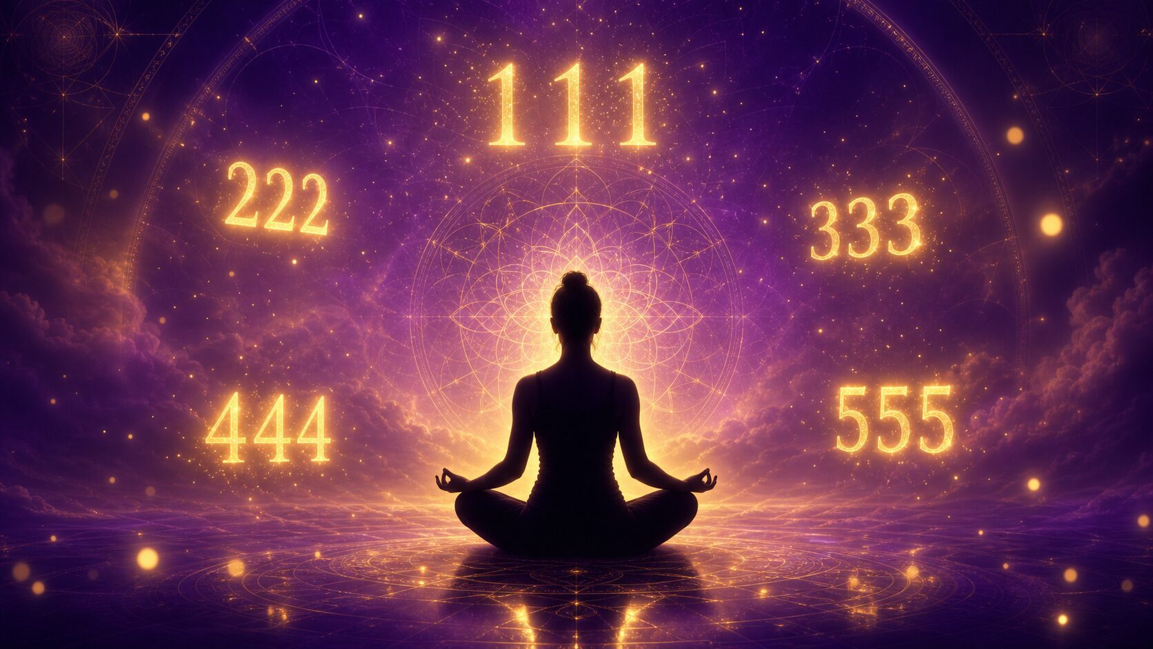 Persona en meditación rodeada de secuencias numéricas angelicales