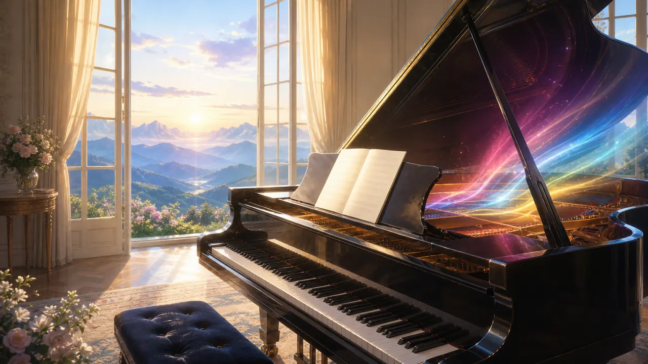 Piano luminoso expresa colores sutiles de rayos en una estancia abierta a la montaña
