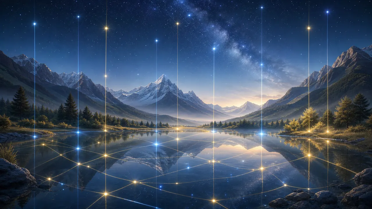 Hilos de luz azul y dorada unen estrellas sobre un lago de montaña sereno