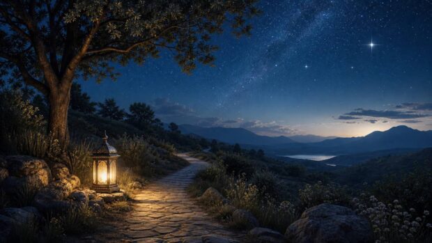 Camino nocturno iluminado como símbolo de reflexión