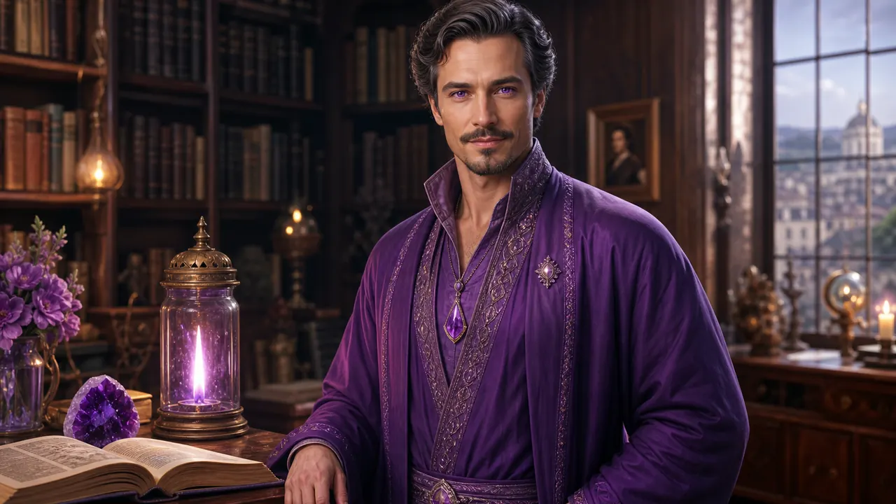 Maestro Saint Germain en una biblioteca europea entre libros, amatista y una llama violeta simbólica
