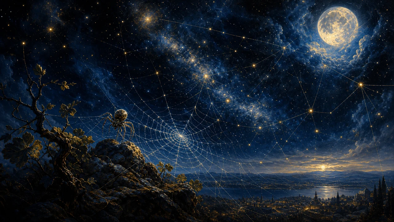 Telaraña con gotas de rocío brillando bajo luz dorada del amanecer entre ramas antiguas como símbolo de creatividad paciencia y destino al soñar con arañas