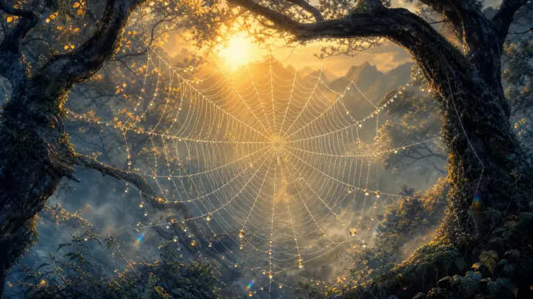 Telaraña con gotas de rocío brillando bajo luz dorada del amanecer entre ramas antiguas como símbolo de creatividad paciencia y destino al soñar con arañas