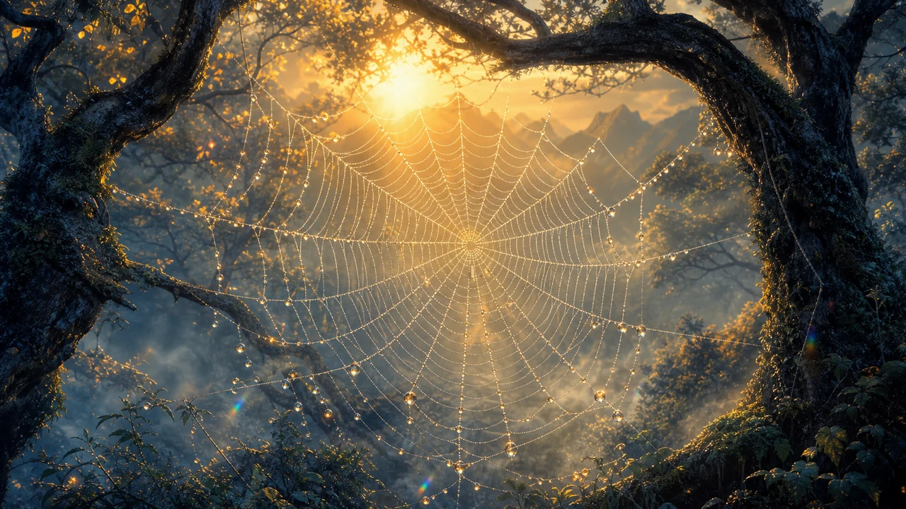 Telaraña con gotas de rocío brillando bajo luz dorada del amanecer entre ramas antiguas como símbolo de creatividad paciencia y destino al soñar con arañas