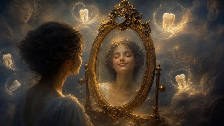 Espejo vintage reflejando rostro sereno con símbolos luminosos de perla flotando en espacio onírico como reflejo de autoimagen y ansiedad al soñar con dientes