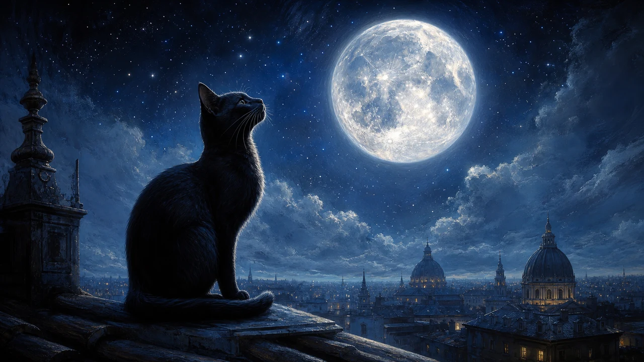 Gato negro silueteado sobre tejado bajo luna llena con bigotes plateados por luz lunar como símbolo de intuición misterio e independencia al soñar con gatos