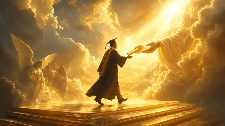 Ceremonia de graduación onírica en escenario celestial con luz dorada del amanecer como símbolo de transición y cierre de etapa al soñar con graduación