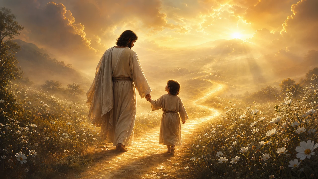 Padre e hijo caminando juntos por un sendero de luz dorada al amanecer como símbolo del vínculo espiritual de soñar con hijos