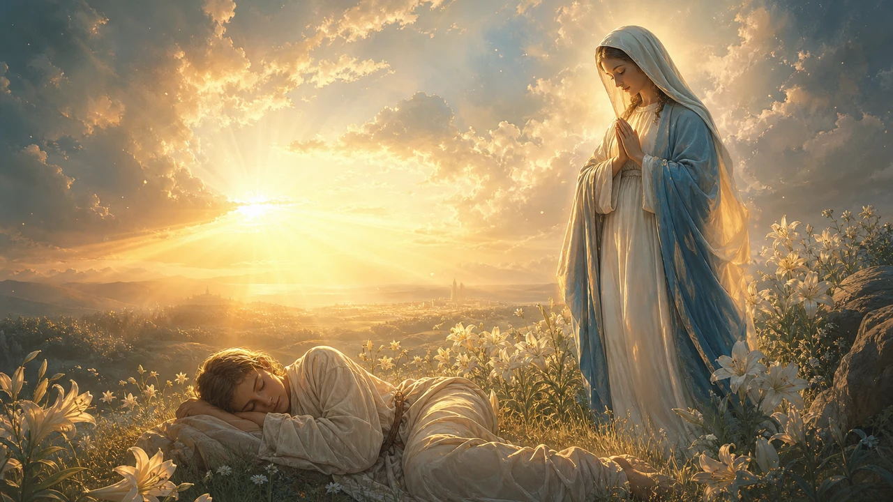 Aparición onírica de la Virgen María en pradera celestial con lirios blancos y luz dorada al amanecer como símbolo de consuelo espiritual