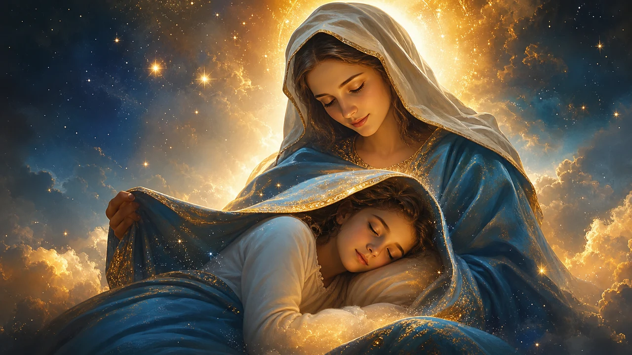 Virgen María ofreciendo consuelo maternal a un soñador envuelto en manto de luz celestial dorada y azul como símbolo de protección divina