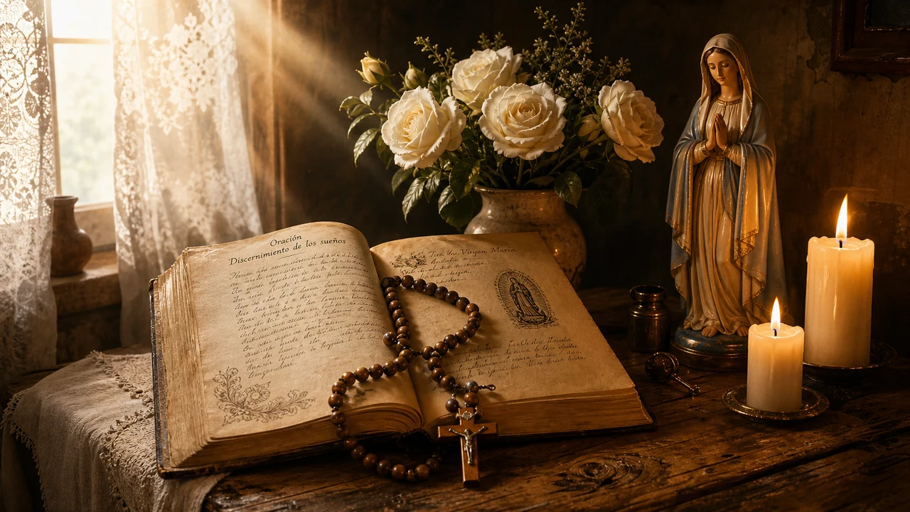 Elementos simbólicos para discernir sueños con la Virgen María: libro de oraciones abierto, rosario de madera, velas blancas encendidas, rosas blancas y estatua mariana en luz matutina