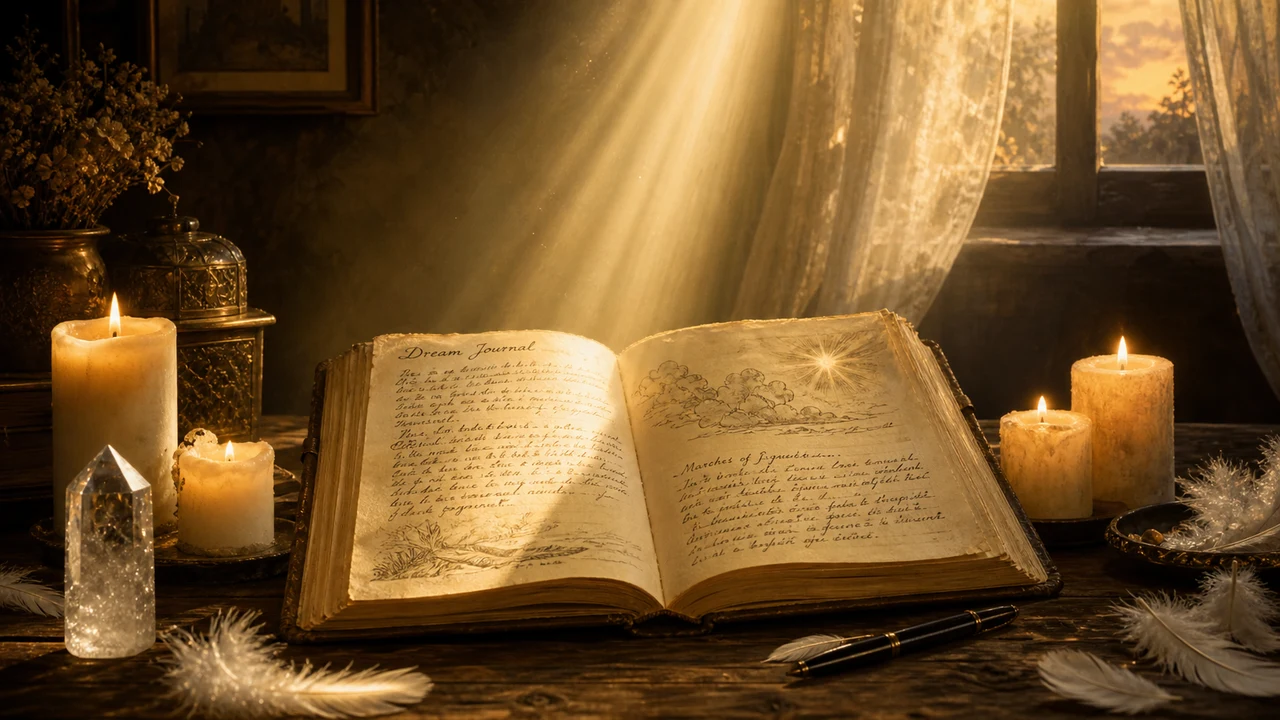 Diario de sueños iluminado por haz de luz dorada con pluma, velas blancas, cristal de cuarzo y plumas blancas como herramientas de discernimiento