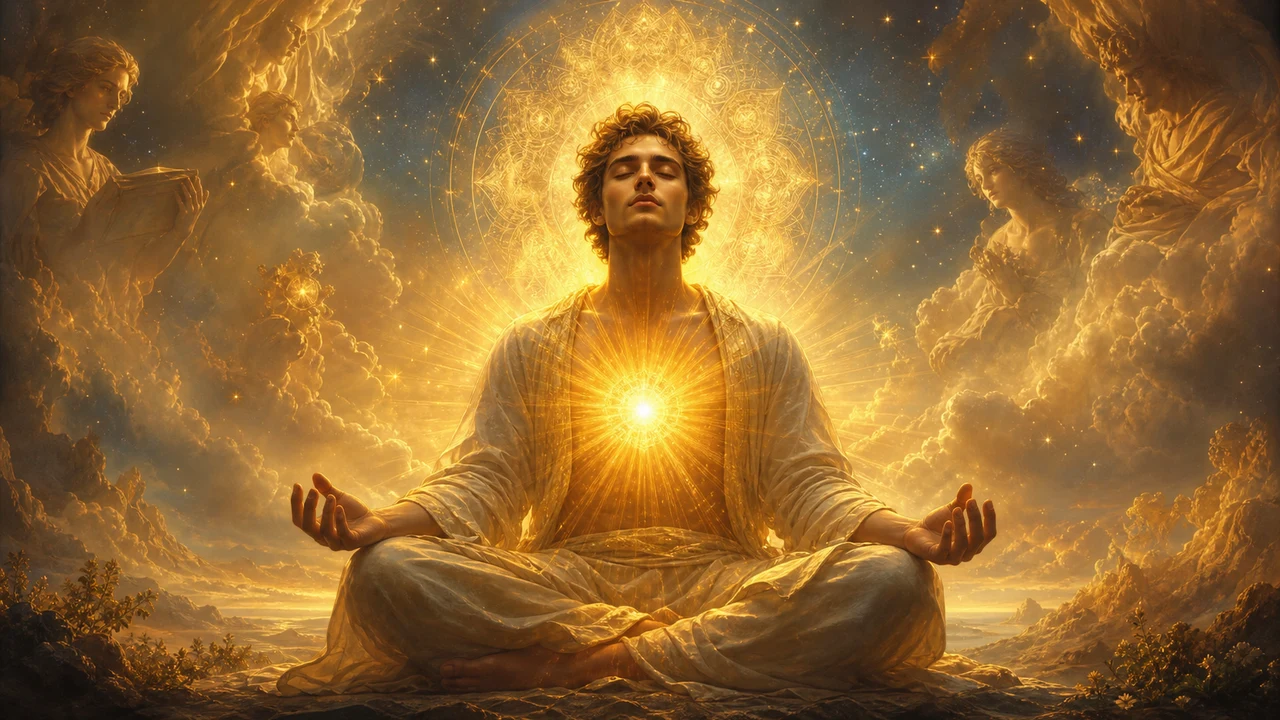 Persona en meditación rodeada de halo de luz dorada interior como símbolo de guía espiritual e iluminación en sueños con rayos de luz