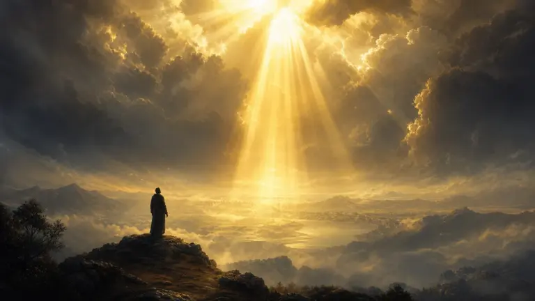 Rayos de luz dorada rompiendo nubes oscuras sobre un paisaje neblinoso como símbolo de revelación y guía divina al soñar con rayos de luz