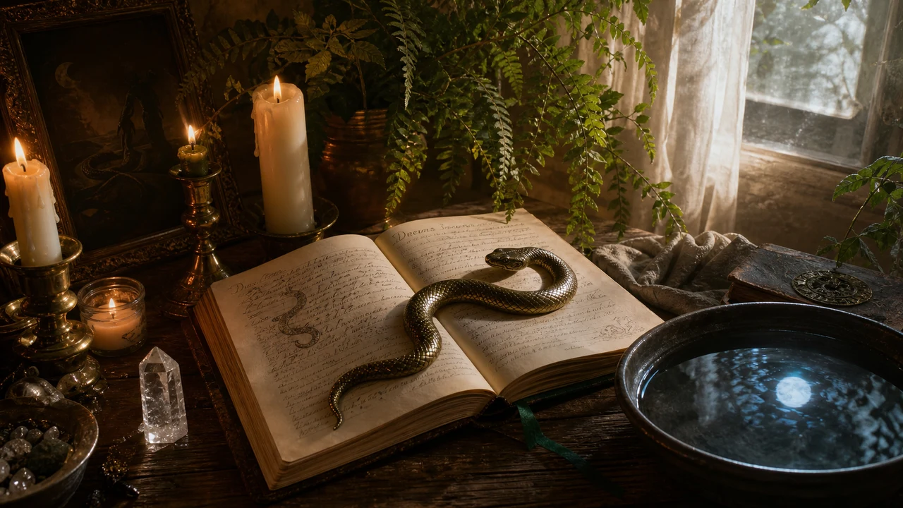 Serpiente enrollada pacíficamente sobre piedra musgosa en bosque encantado iluminado por luna como símbolo de sabiduría contenida