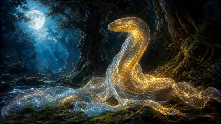 Serpiente mudando piel en bosque iluminado por luna como símbolo de transformación renovación y sabiduría al soñar con serpientes