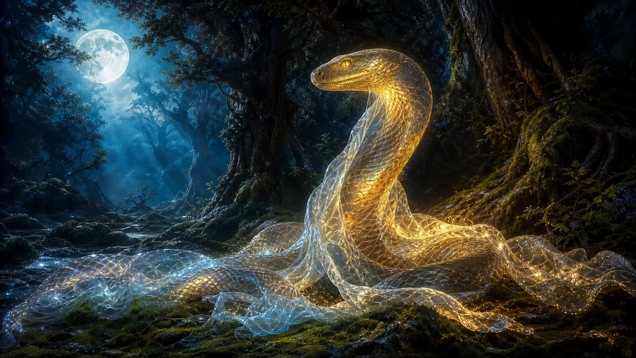 Serpiente mudando piel en bosque iluminado por luna como símbolo de transformación renovación y sabiduría al soñar con serpientes