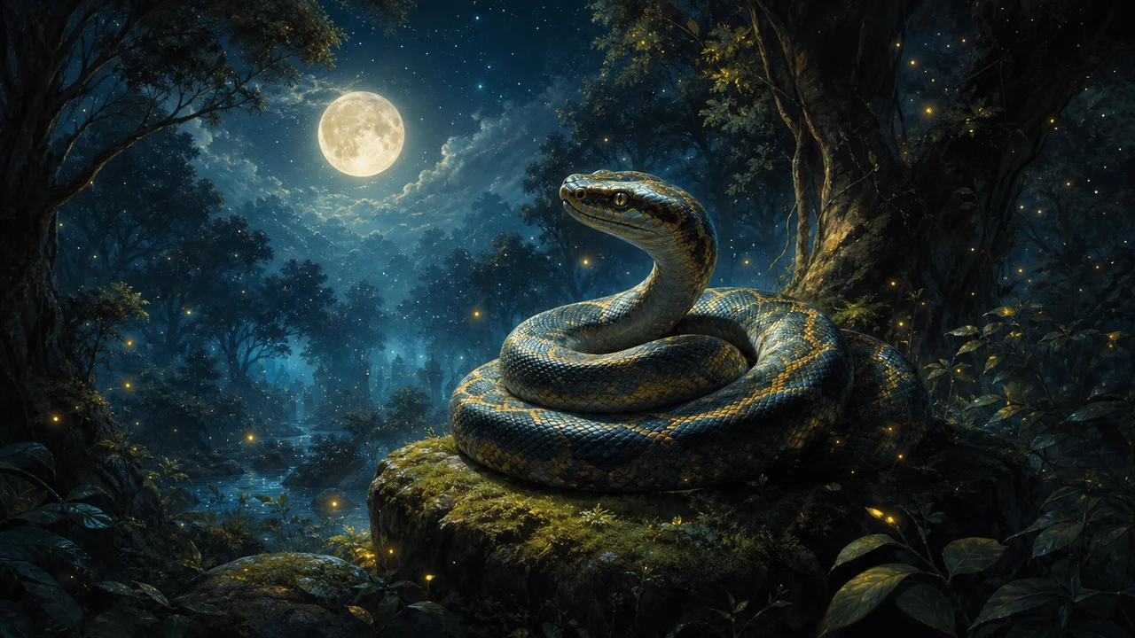 Serpiente mudando piel en bosque iluminado por luna como símbolo de transformación renovación y sabiduría al soñar con serpientes
