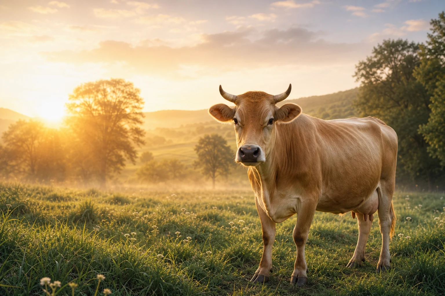 Vaca fuerte y tranquila al amanecer como símbolo de abundancia, calma y estabilidad