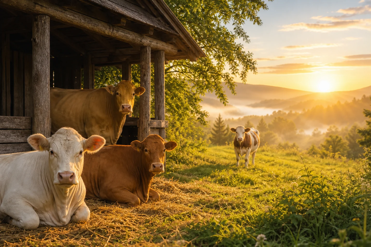 Vacas saludables en un establo iluminado como símbolo de seguridad, resguardo y provisión
