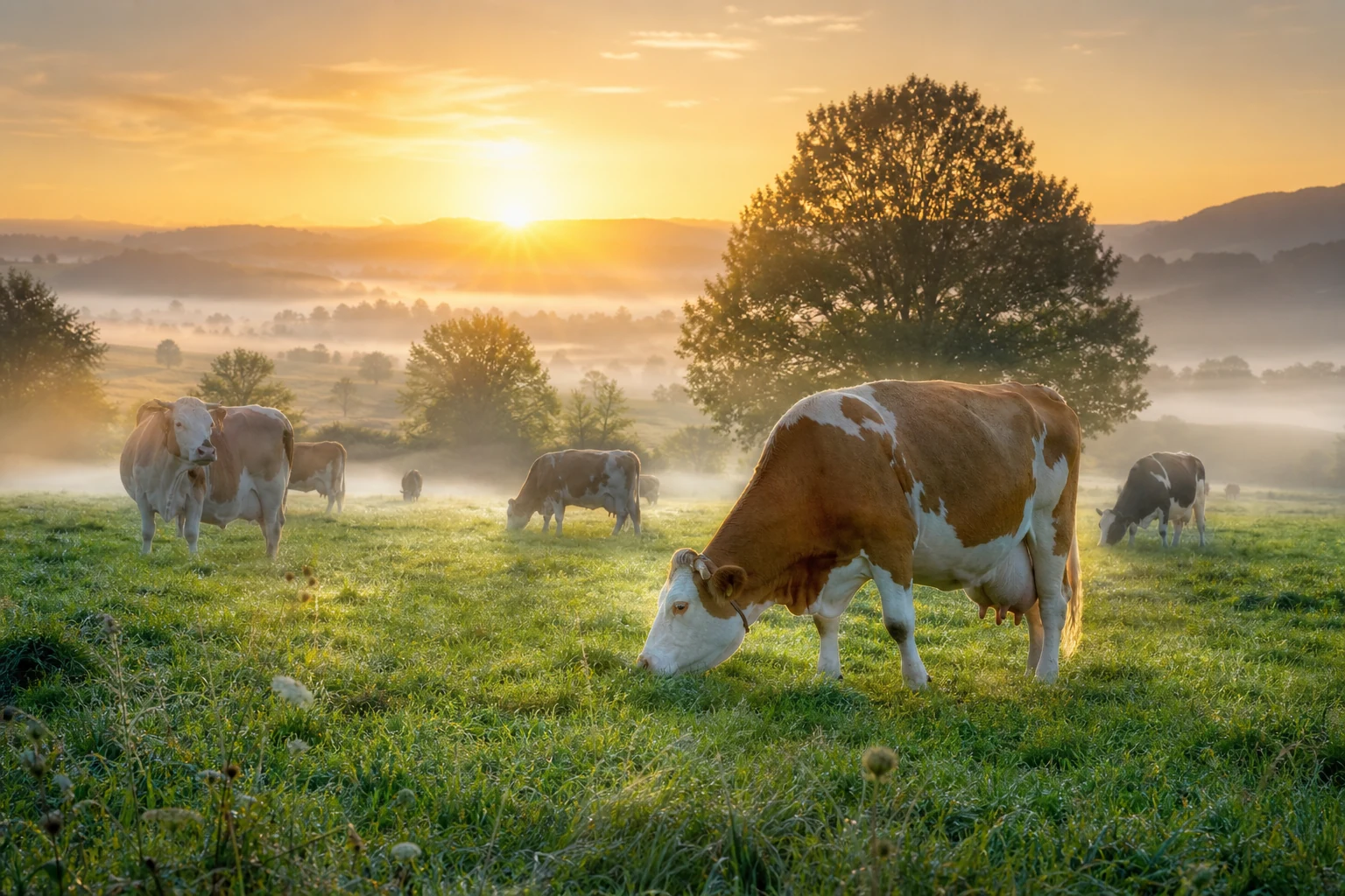 Pradera al amanecer con vacas saludables como símbolo de abundancia y estabilidad en sueños
