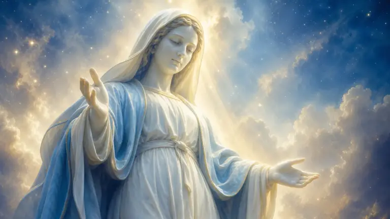 Estatua luminosa de la Virgen María en atmósfera onírica